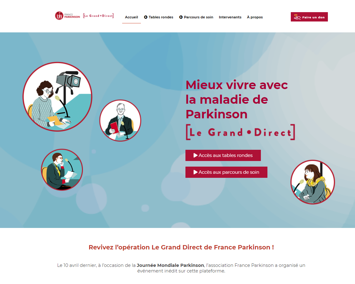 Mini site événementiel hybride santé pour Le Grand Direct - Association France Parkinson